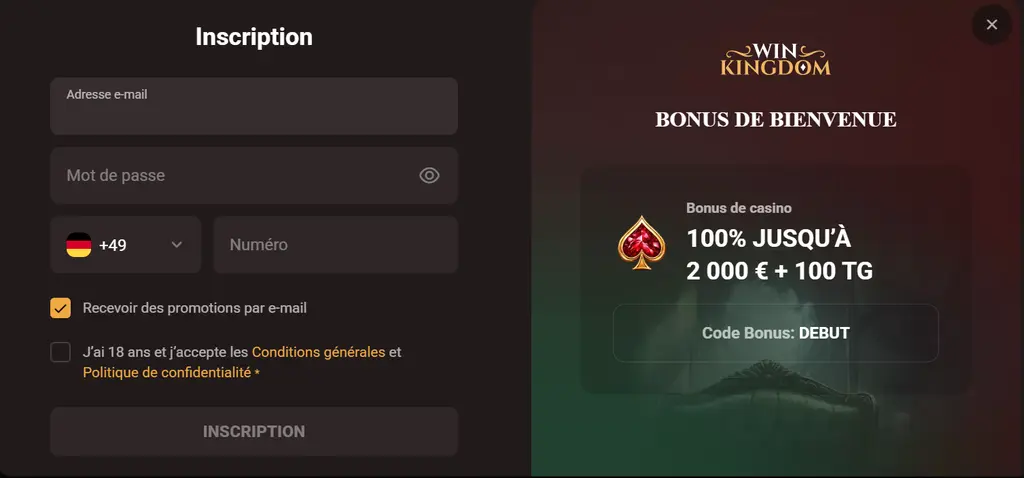 Formulaire d’inscription sur Casino WinKingdom France